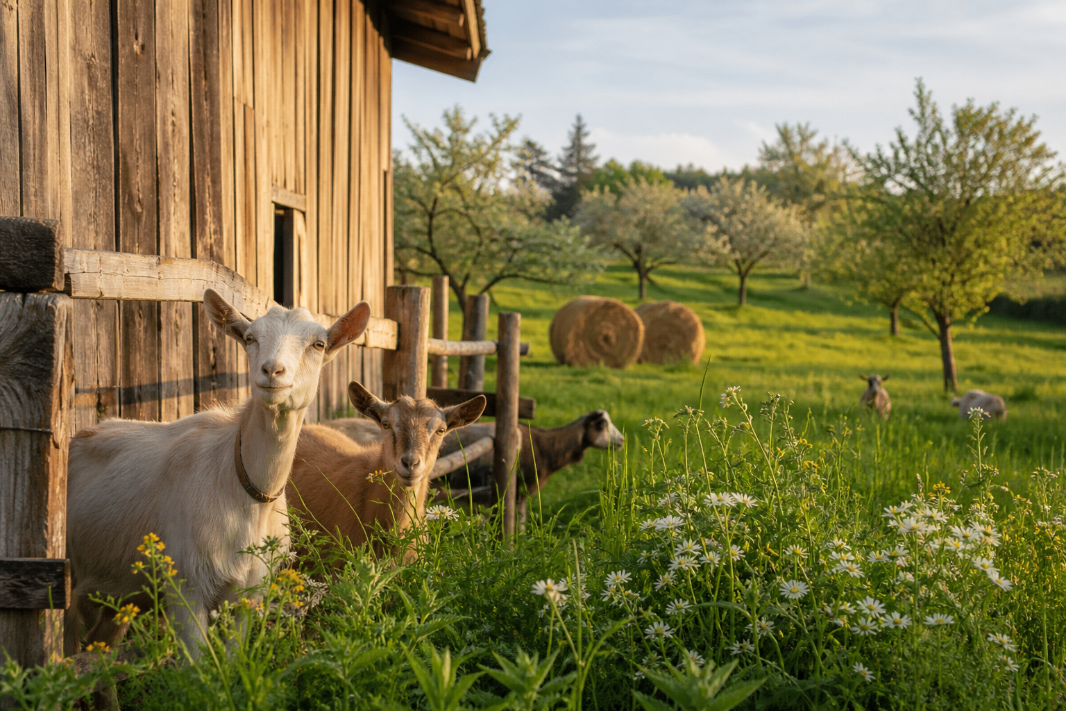 Chèvres et prairie près de la grange