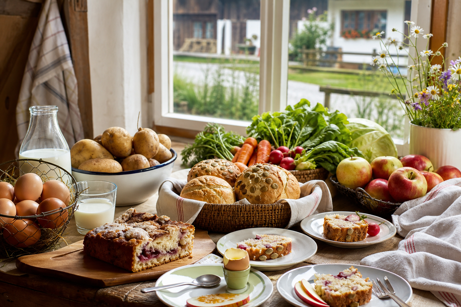 Table de ferme avec œufs, lait, pommes de terre, pain, fruits et gâteau maison